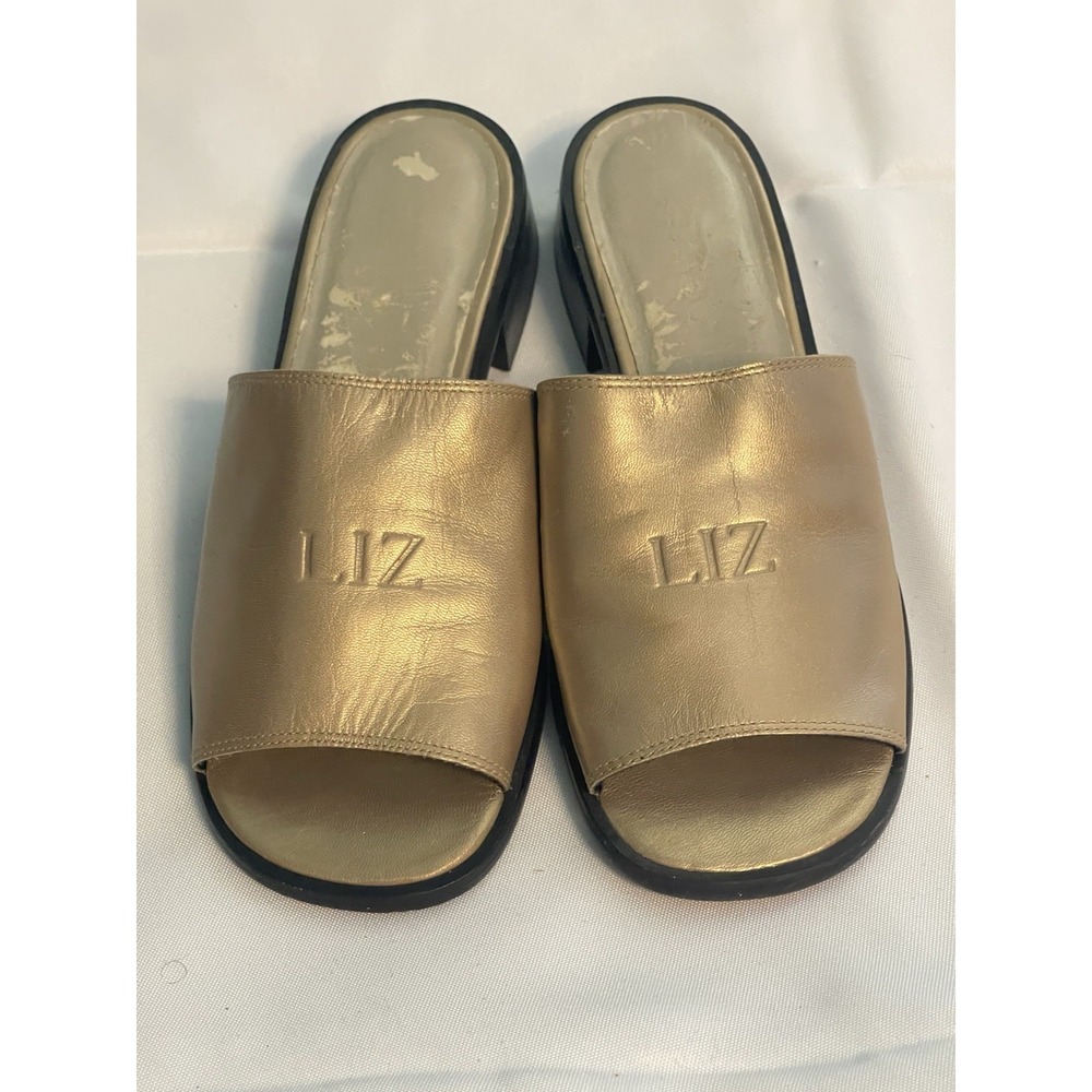 Liz Claiborne Sandals Womens Size 6.5 M Gold Slip On Low Heels Metallic Bin2